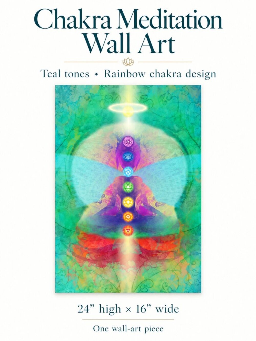 Chakra Meditation Wall Art 24x16 Teal Rainbow Yoga Spiritual Decor